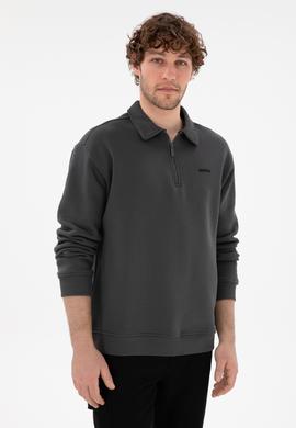 Erkek Comfort Fit Yarım Fermuarlı Antrasit Basic Sweatshirt - 50298265008