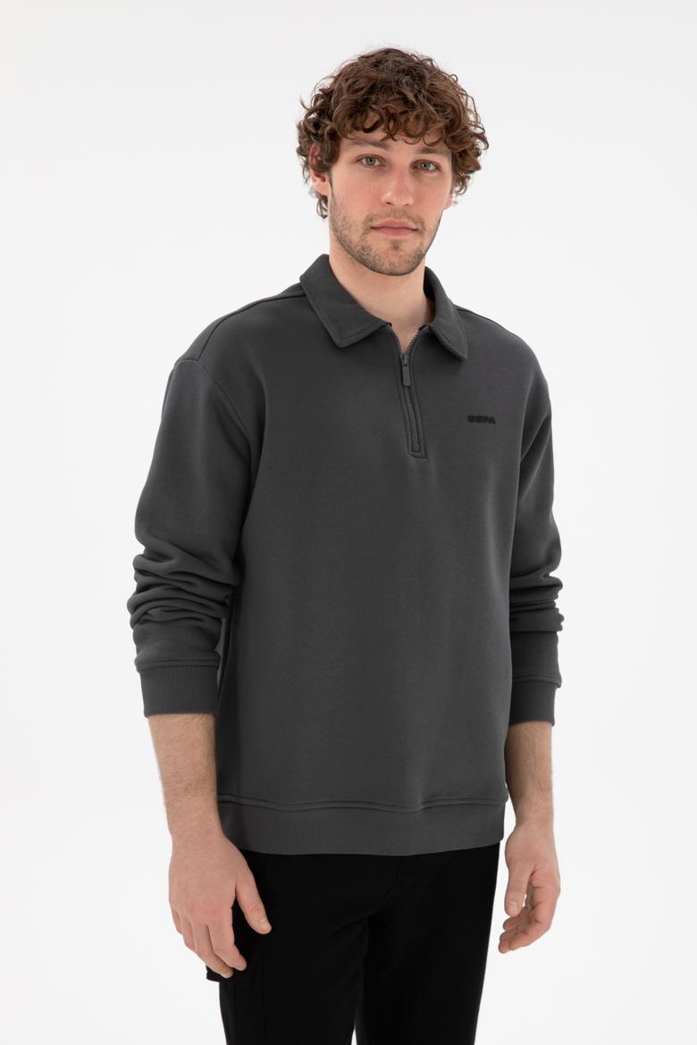 Erkek Comfort Fit Yarım Fermuarlı Antrasit Basic Sweatshirt