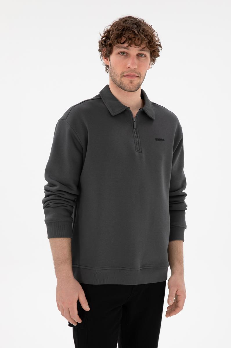 Erkek Comfort Fit Yarım Fermuarlı Antrasit Basic Sweatshirt