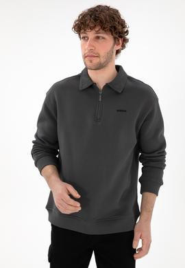 Erkek Comfort Fit Yarım Fermuarlı Antrasit Basic Sweatshirt - 50298265008