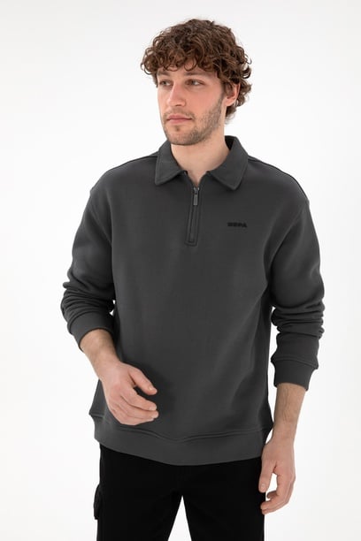 Erkek Comfort Fit Yarım Fermuarlı Antrasit Basic Sweatshirt