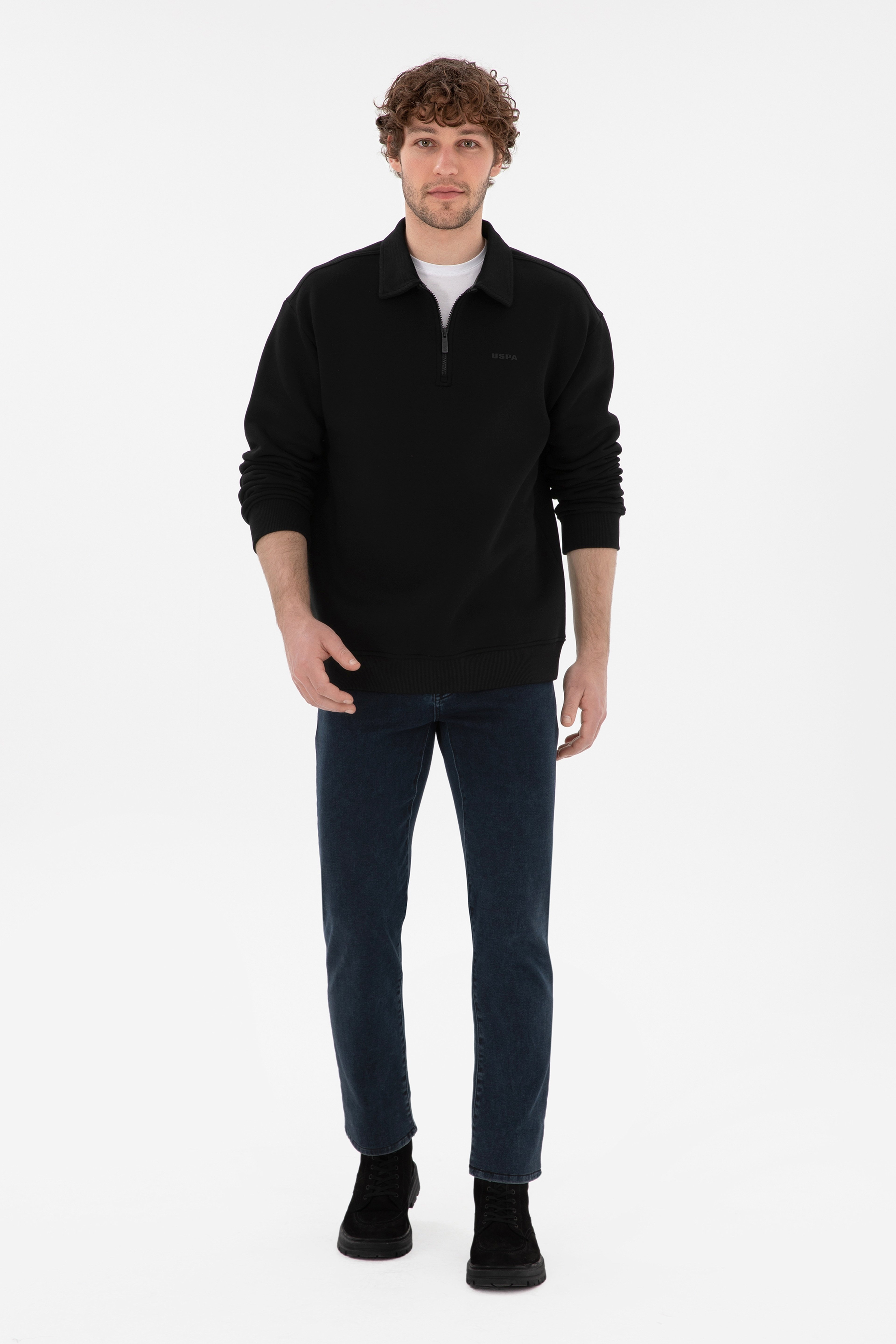 Erkek Comfort Fit Yarım Fermuarlı Siyah Basic Sweatshirt