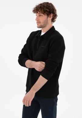 Erkek Comfort Fit Yarım Fermuarlı Siyah Basic Sweatshirt - 50298265023