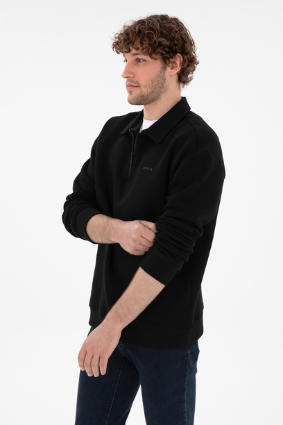 Erkek Comfort Fit Yarım Fermuarlı Siyah Basic Sweatshirt