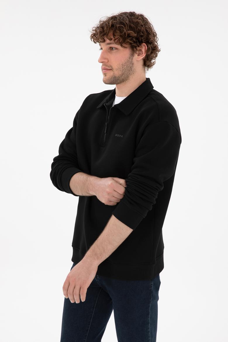 Erkek Comfort Fit Yarım Fermuarlı Siyah Basic Sweatshirt