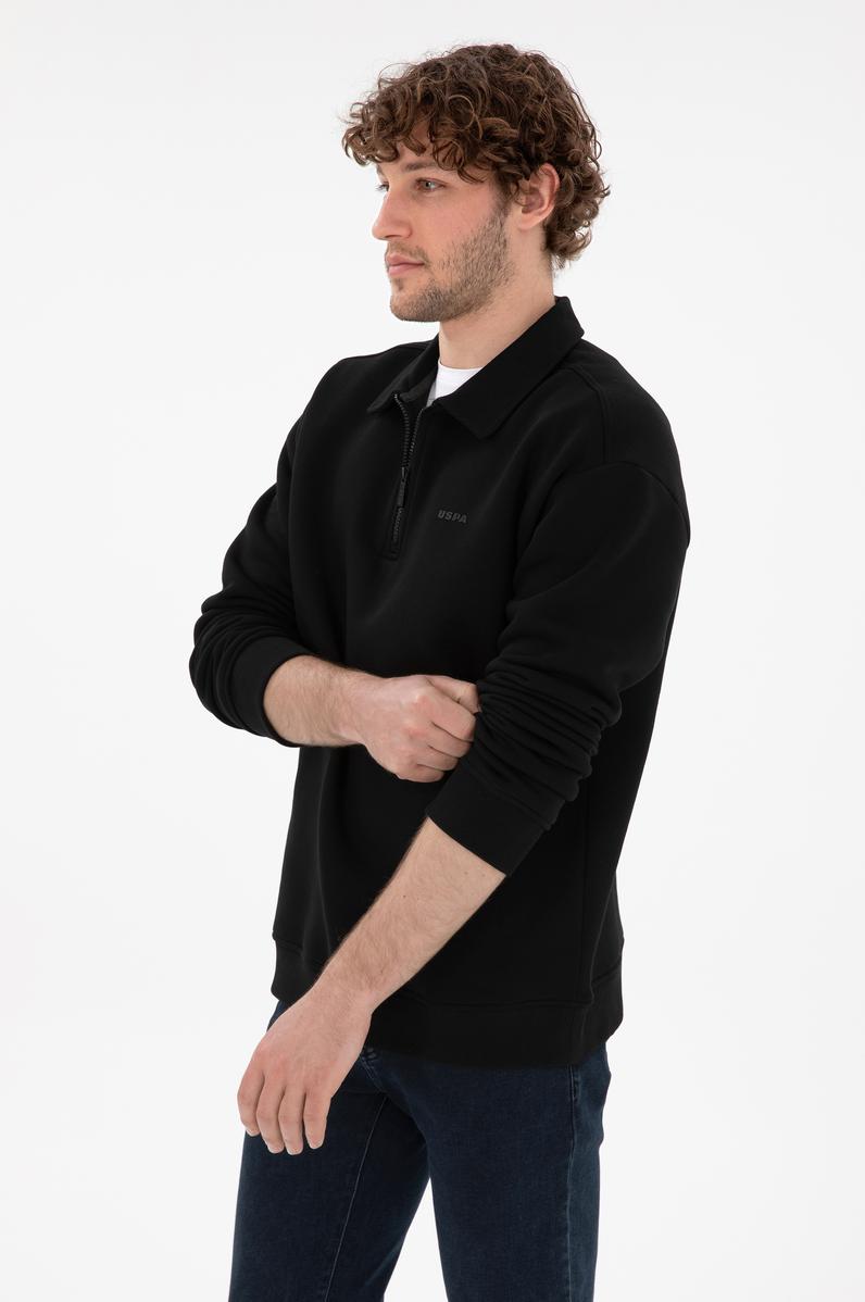 Erkek Comfort Fit Yarım Fermuarlı Siyah Basic Sweatshirt
