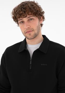 Erkek Comfort Fit Yarım Fermuarlı Siyah Basic Sweatshirt - 50298265023
