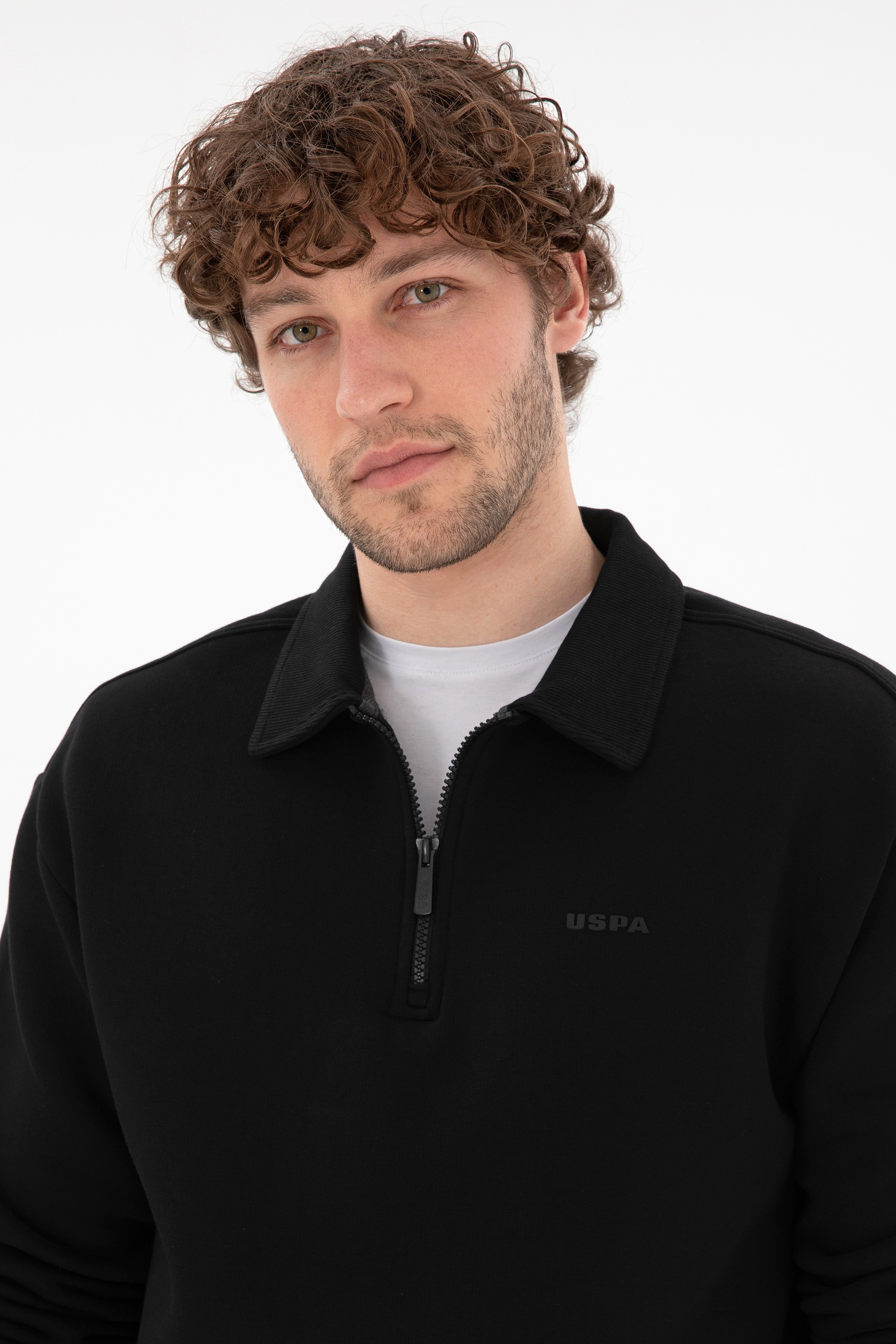 Erkek Comfort Fit Yarım Fermuarlı Siyah Basic Sweatshirt