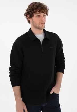 Erkek Comfort Fit Yarım Fermuarlı Siyah Basic Sweatshirt - 50298265023