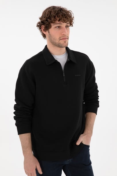 Erkek Comfort Fit Yarım Fermuarlı Siyah Basic Sweatshirt