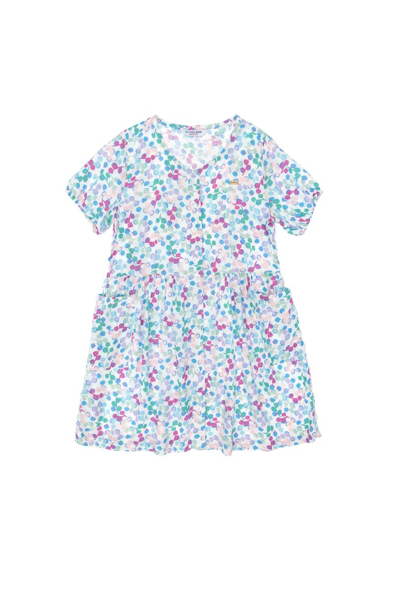 Kız Çocuk Mint Desenli Krep Kumaş Dokuma Elbise