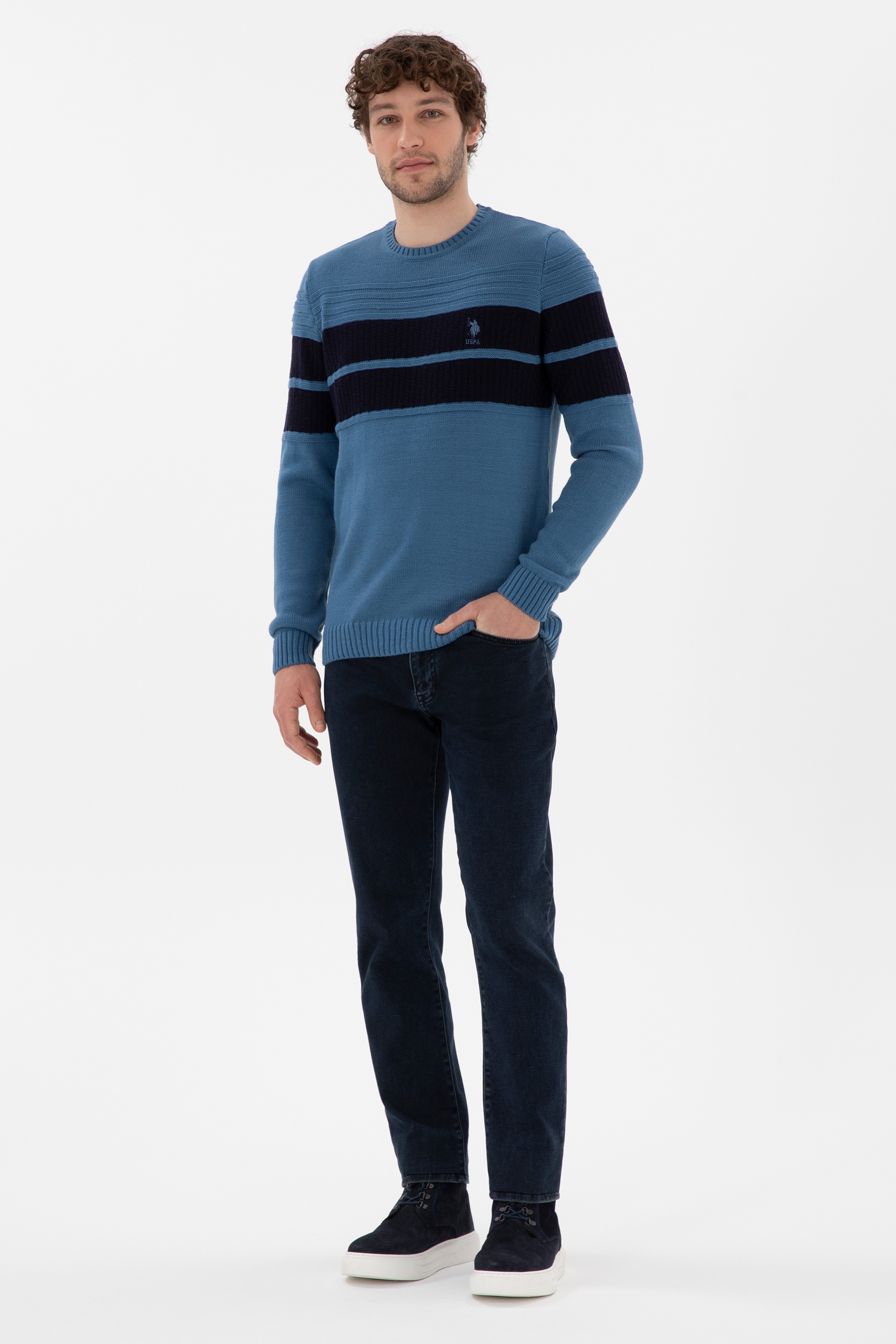 Erkek Slim Fit Bisiklet Yaka Saks Kazak