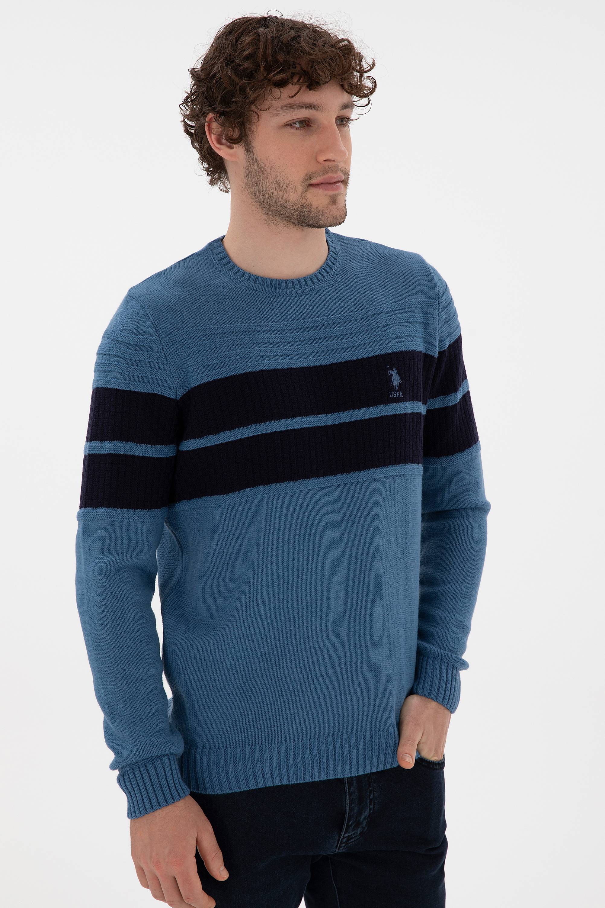 Erkek Slim Fit Bisiklet Yaka Saks Kazak