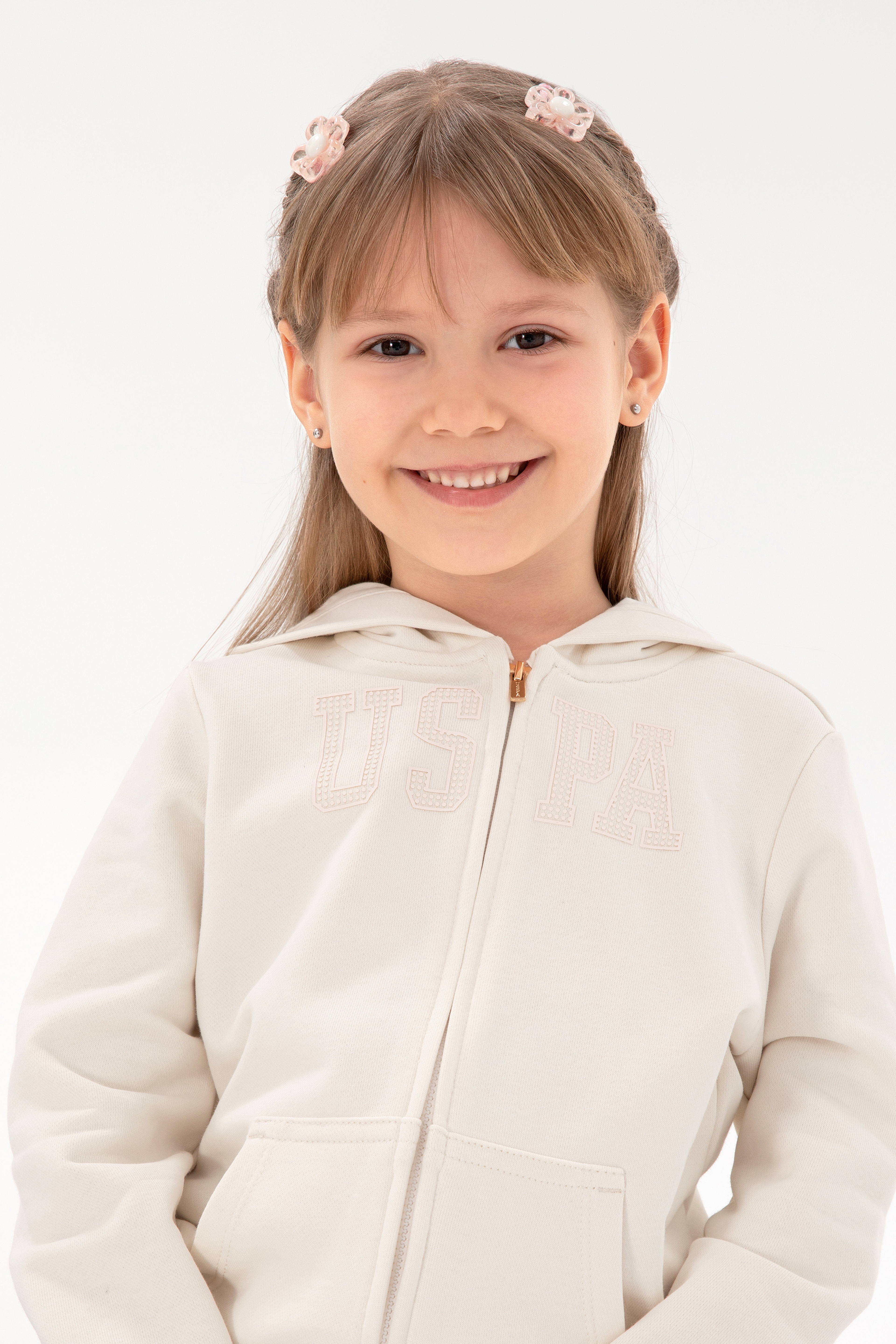 Kız Çocuk Krem Kapüşonlu Basic Sweatshirt - Image 1