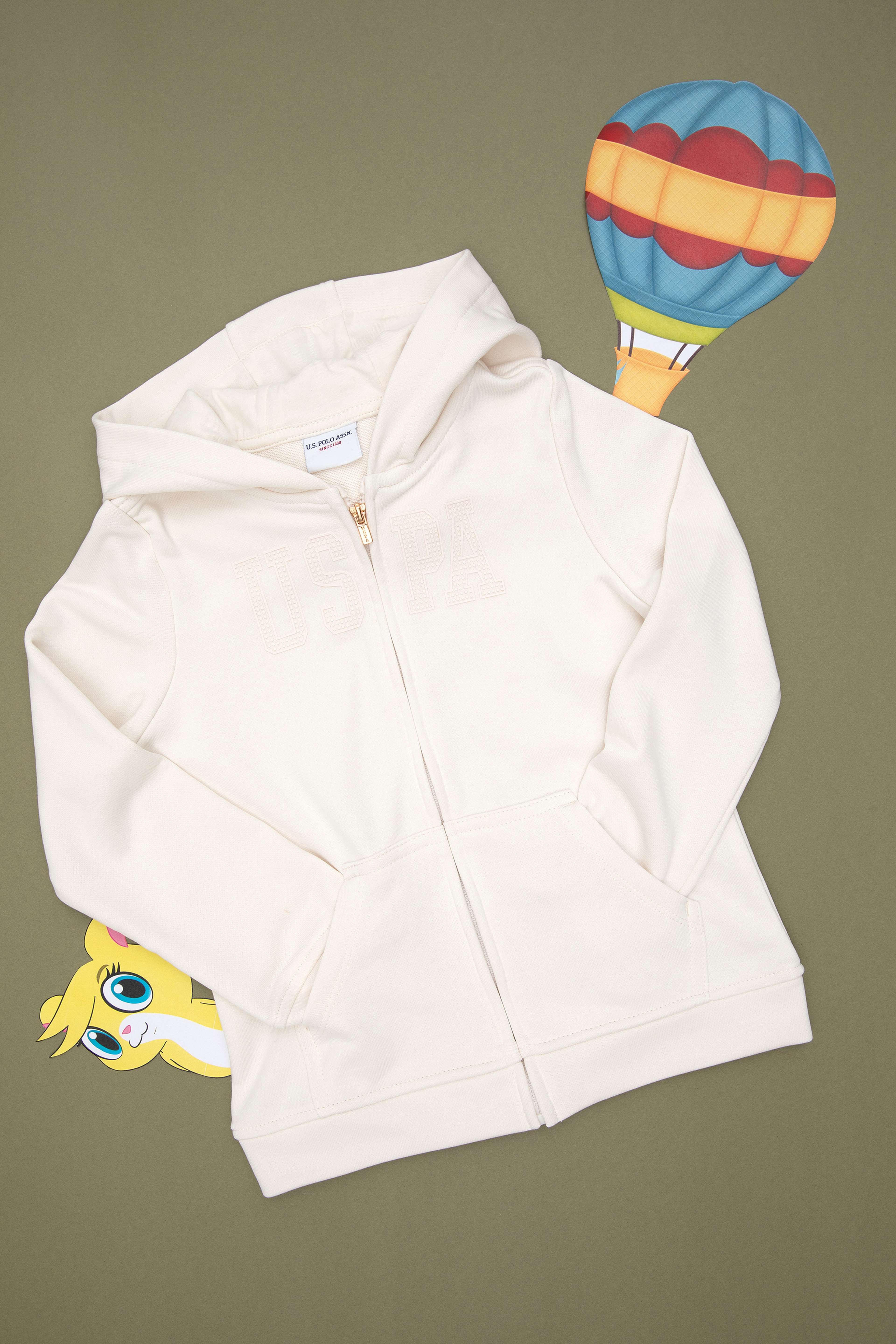 Kız Çocuk Krem Kapüşonlu Basic Sweatshirt - Image 3