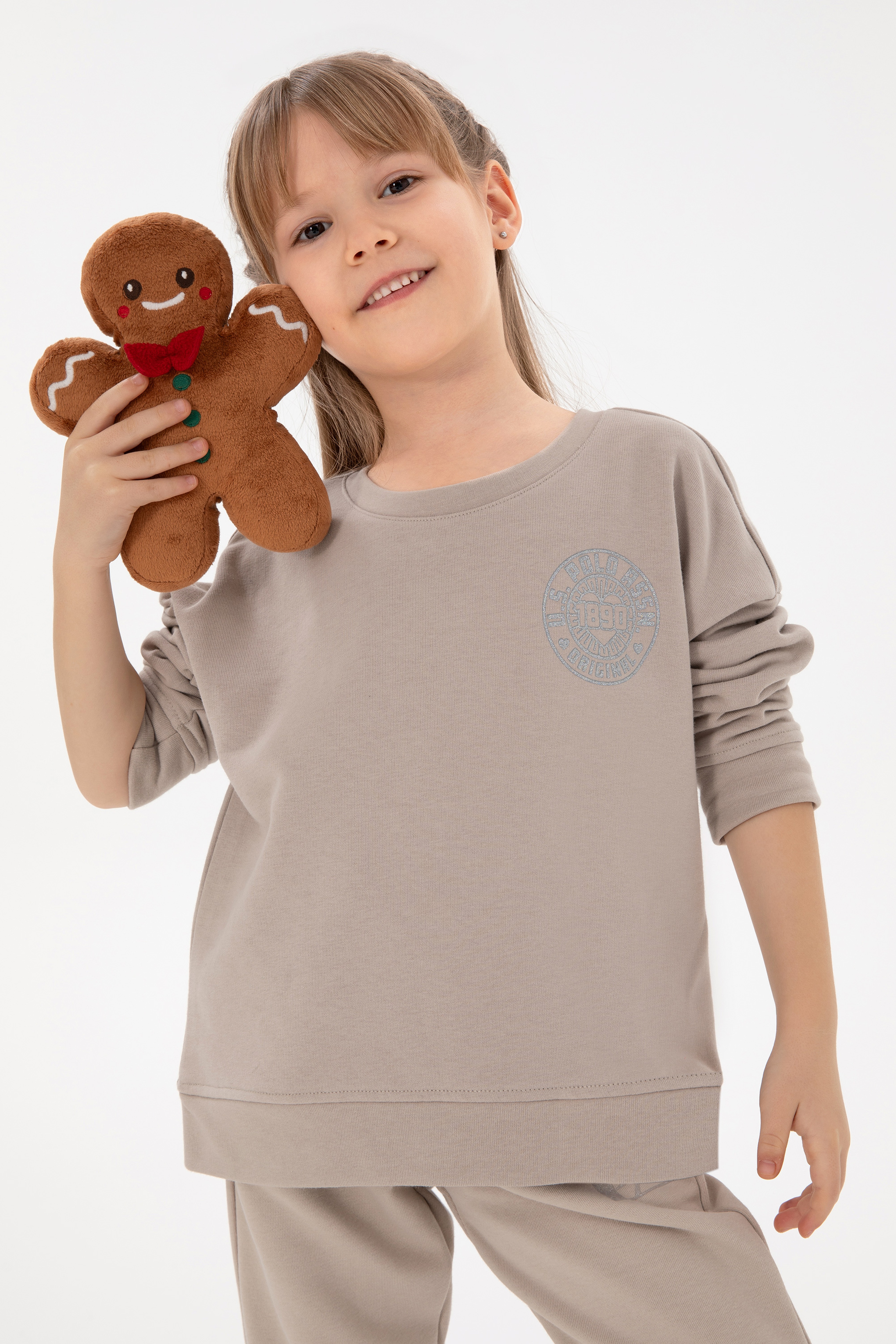 Kız Çocuk Taş Bisiklet Yaka Basic Sweatshirt - Image 1