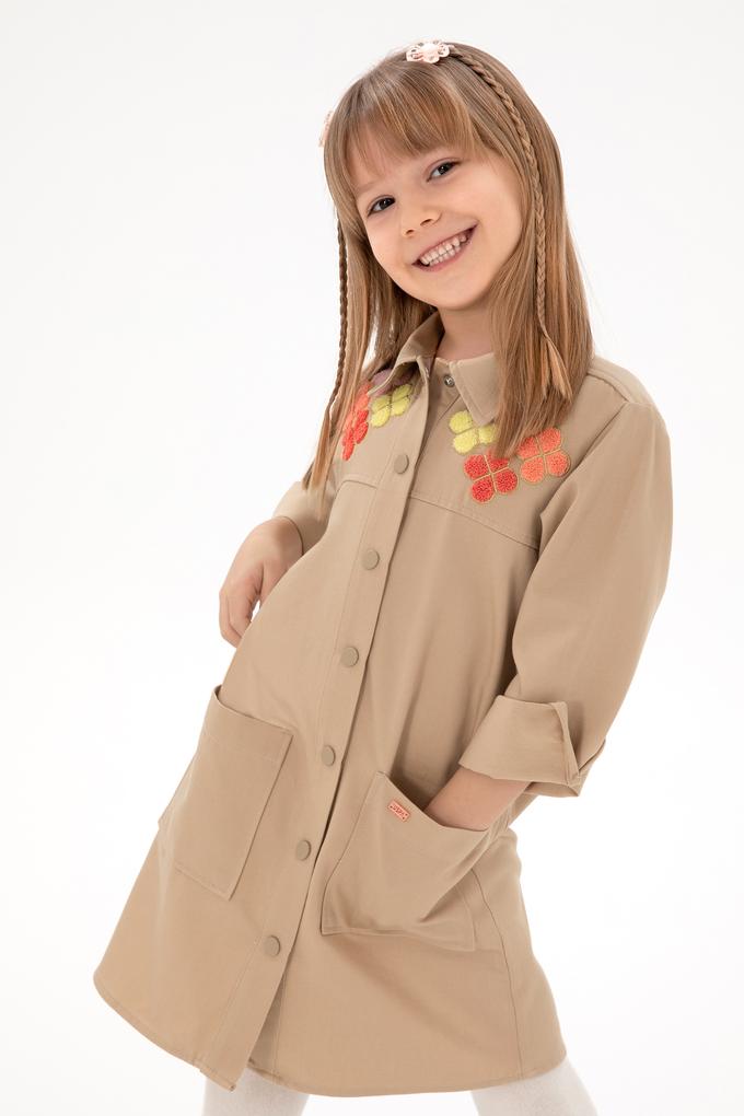 Kız Çocuk Camel İşlemeli Cep Detaylı Safari Model Dokuma Elbise
