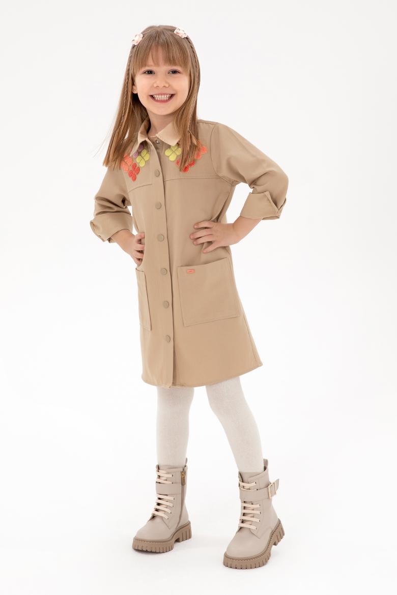 Kız Çocuk Camel İşlemeli Cep Detaylı Safari Model Dokuma Elbise - 50292654009