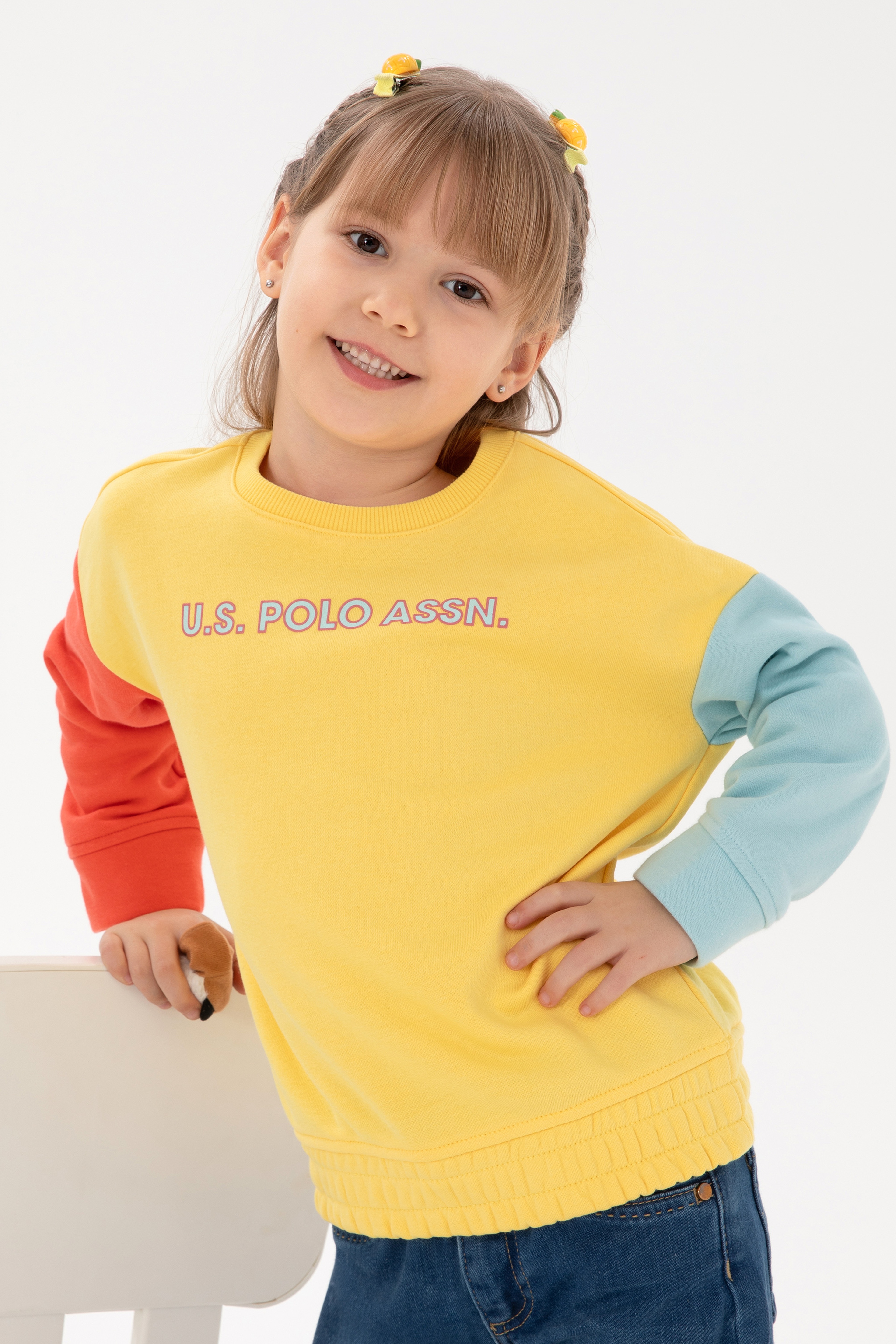 Kız Çocuk Sarı Bisiklet Yaka Şardonlu Sweatshirt - Image 1