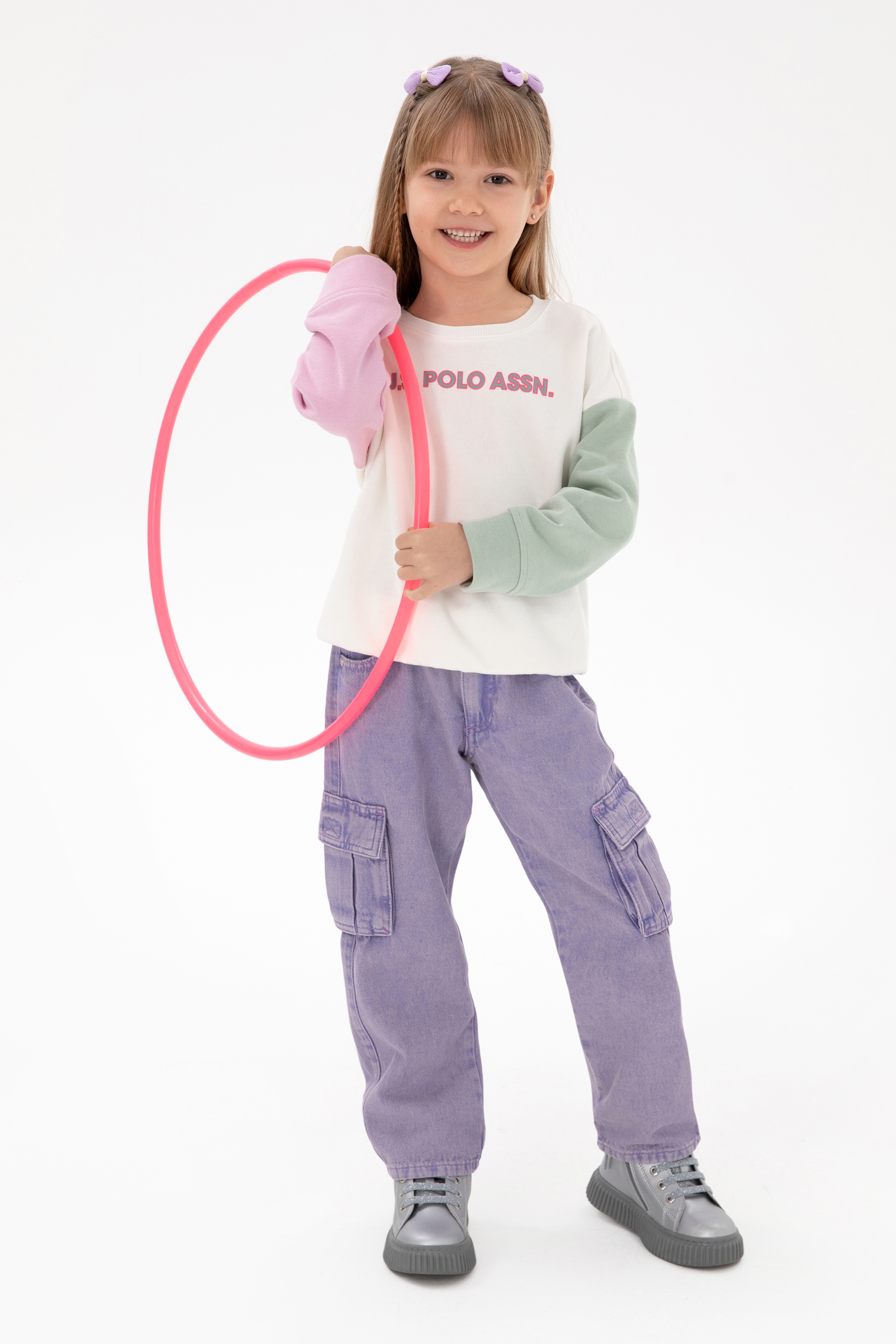 Kız Çocuk Ekru Bisiklet Yaka Şardonlu Sweatshirt - Image 2