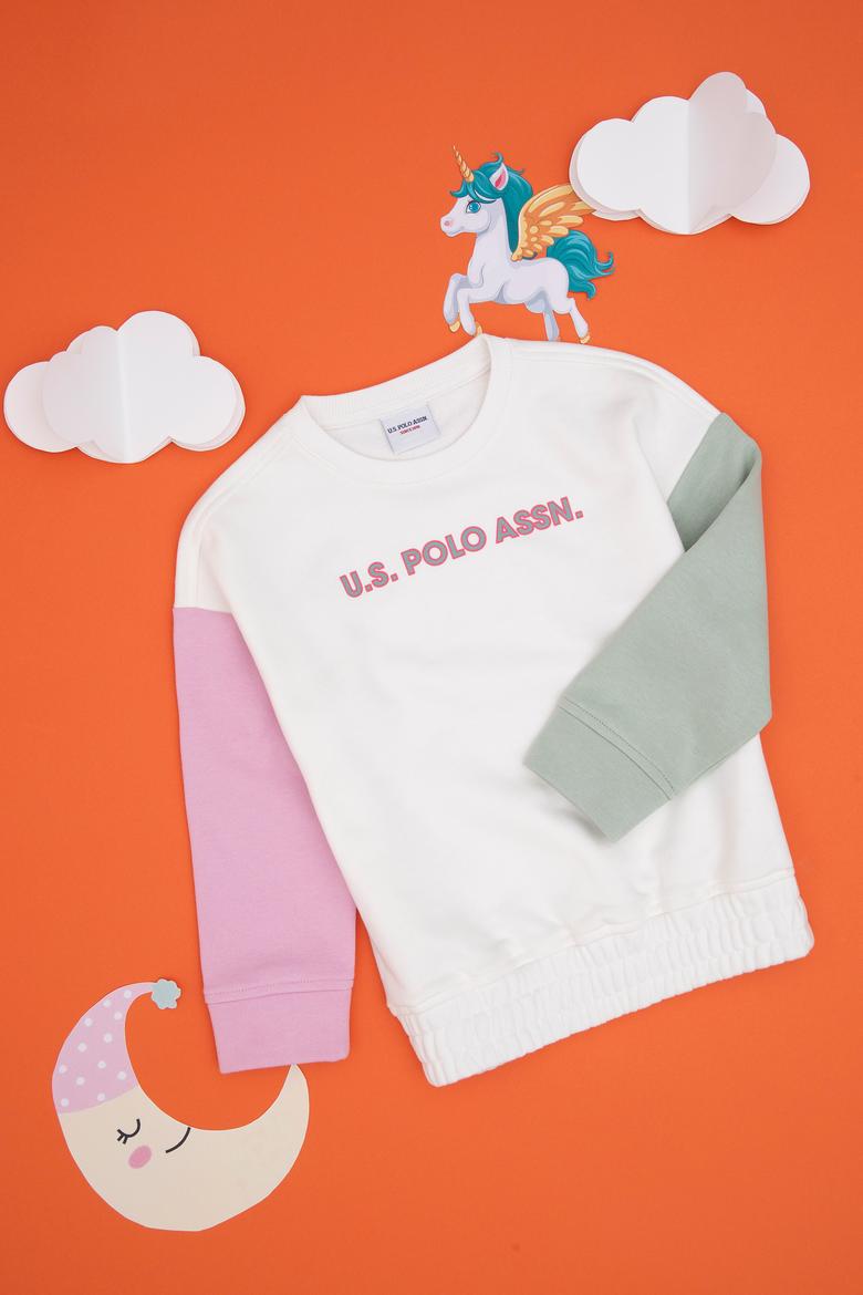 Kız Çocuk Ekru Bisiklet Yaka Şardonlu Sweatshirt - 50296369028