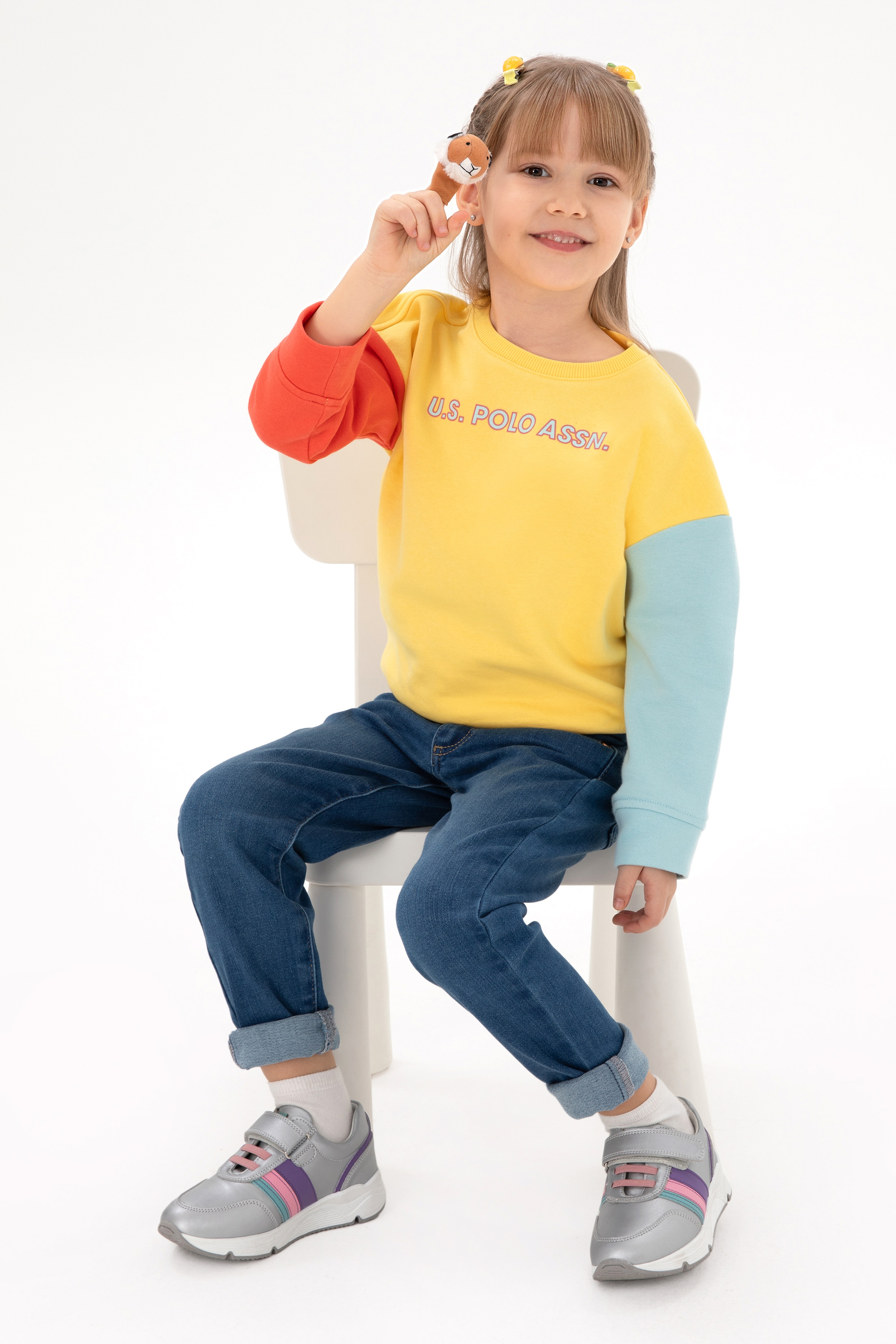Kız Çocuk Sarı Bisiklet Yaka Şardonlu Sweatshirt - Image 2