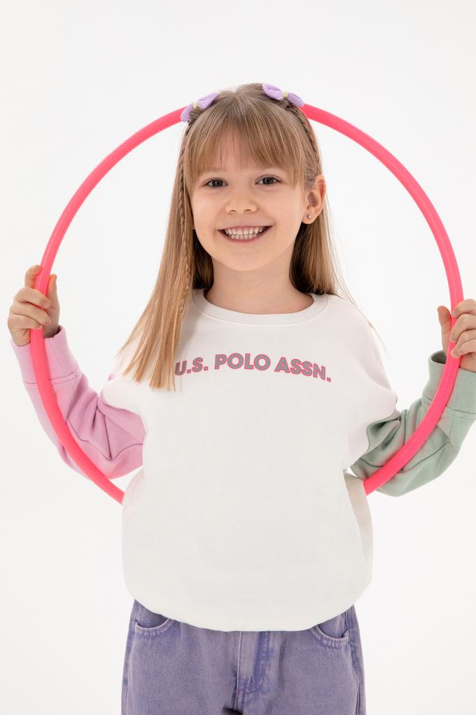 Kız Çocuk Ekru Bisiklet Yaka Şardonlu Sweatshirt