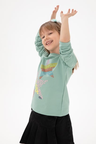 Kız Çocuk Su Yeşili Bisiklet Yaka Sweatshirt
