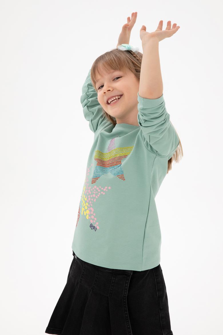 Kız Çocuk Su Yeşili Bisiklet Yaka Sweatshirt