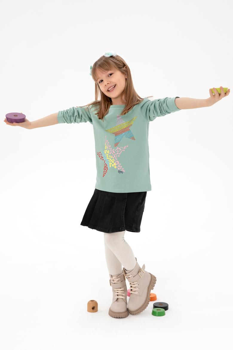 Kız Çocuk Su Yeşili Bisiklet Yaka Sweatshirt - 50298180002