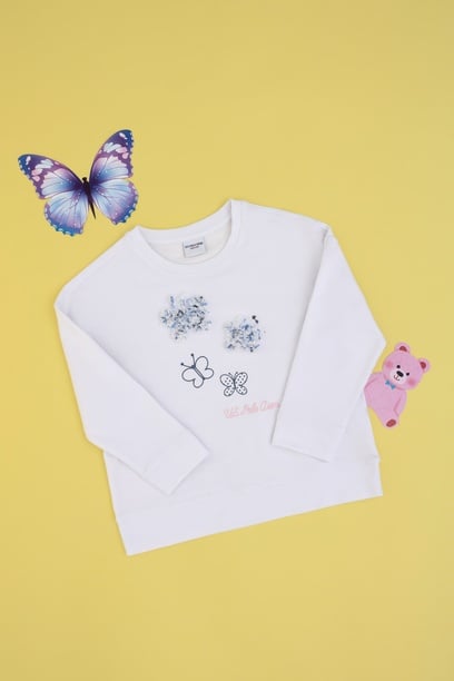Kız Çocuk Beyaz Bisiklet Yaka Sweatshirt