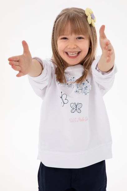 Kız Çocuk Beyaz Bisiklet Yaka Sweatshirt