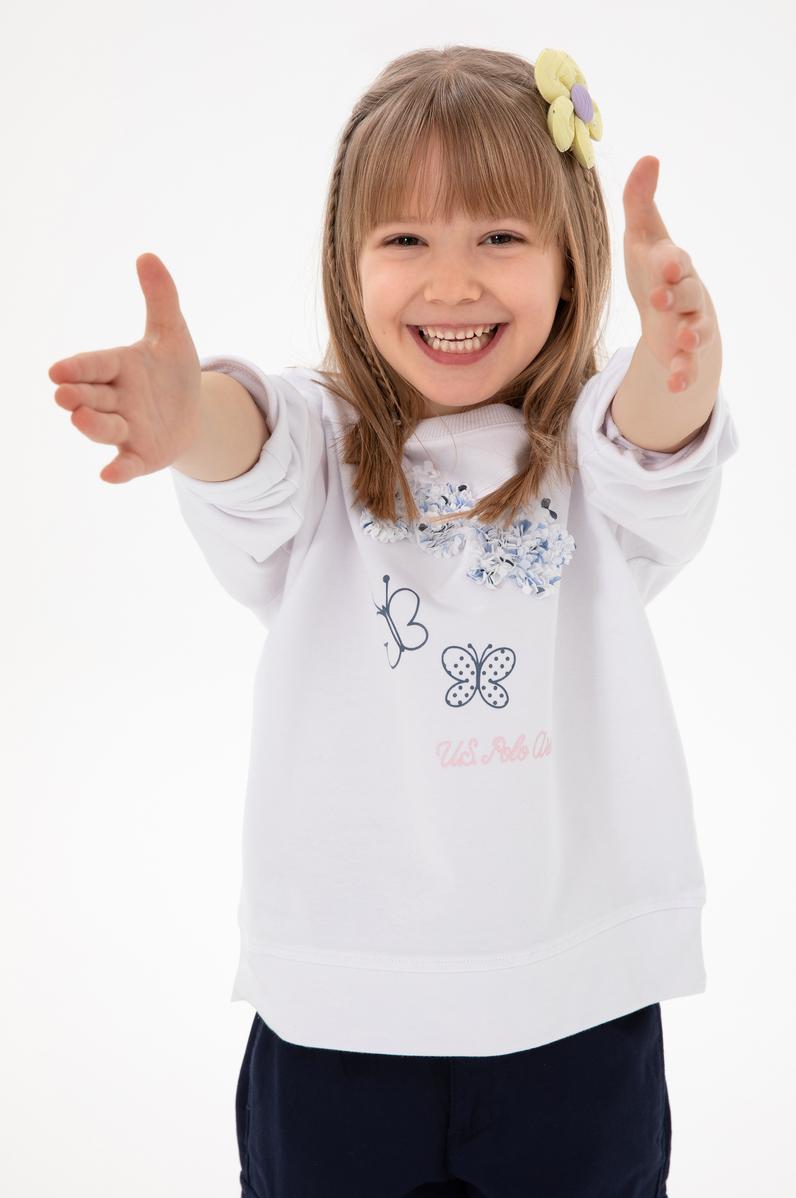 Kız Çocuk Beyaz Bisiklet Yaka Sweatshirt