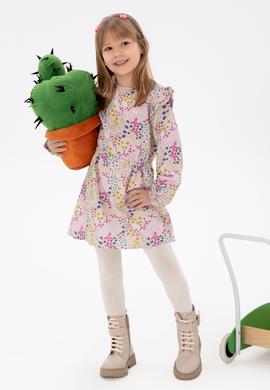 Kız Çocuk Taş Çiçek Desenli Fırfırlı Dokuma Elbise - 50297429023