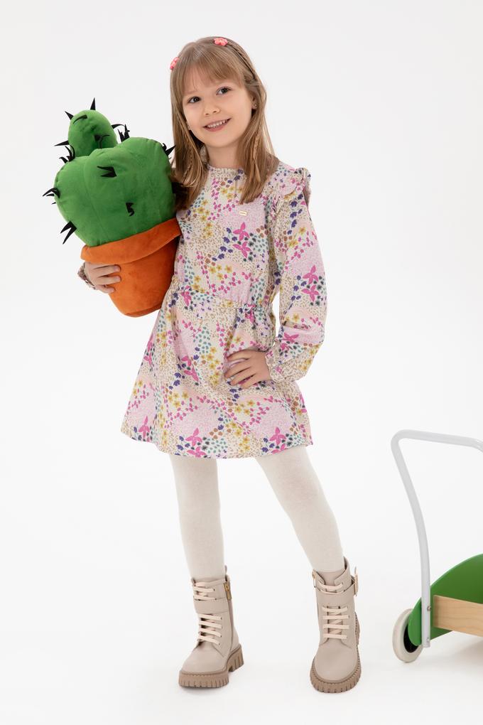 Kız Çocuk Taş Çiçek Desenli Fırfırlı Dokuma Elbise