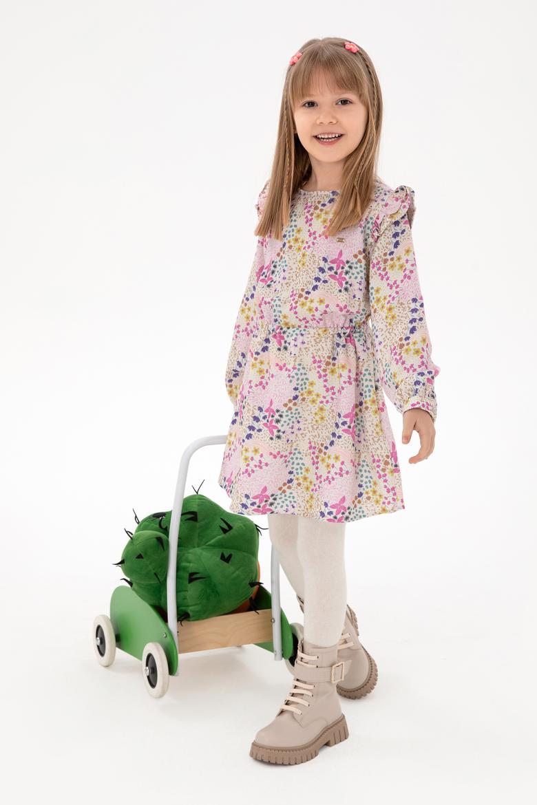 Kız Çocuk Taş Çiçek Desenli Fırfırlı Dokuma Elbise - 50297429023