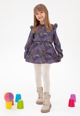 Kız Çocuk Lacivert Çiçek Desenli Fırfırlı Dokuma Elbise - 50297429010