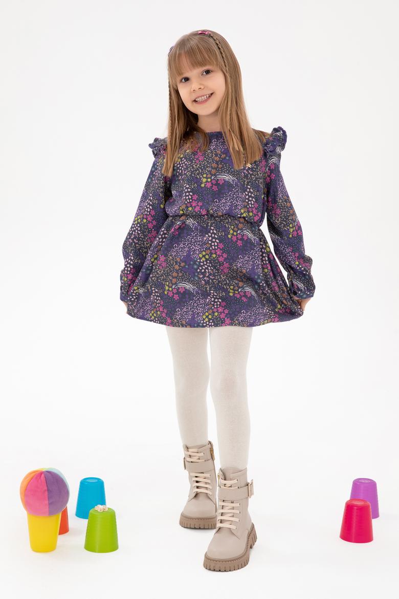 Kız Çocuk Lacivert Çiçek Desenli Fırfırlı Dokuma Elbise