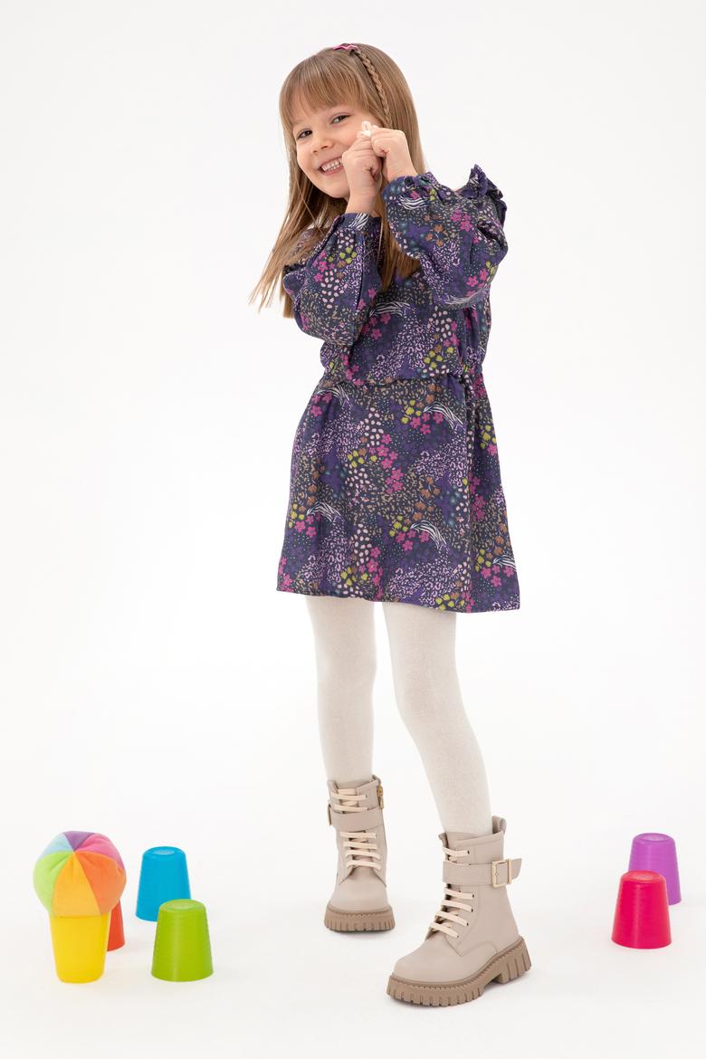 Kız Çocuk Lacivert Çiçek Desenli Fırfırlı Dokuma Elbise - 50297429010