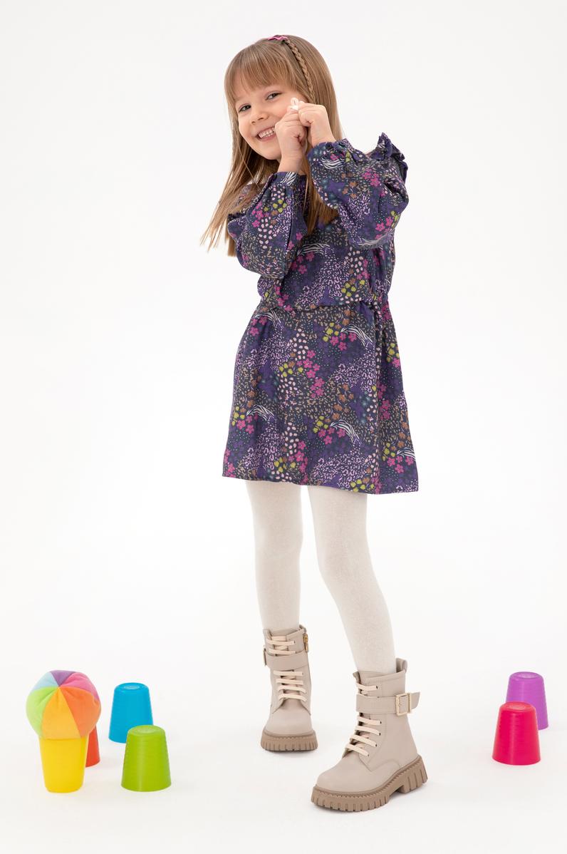 Kız Çocuk Lacivert Çiçek Desenli Fırfırlı Dokuma Elbise