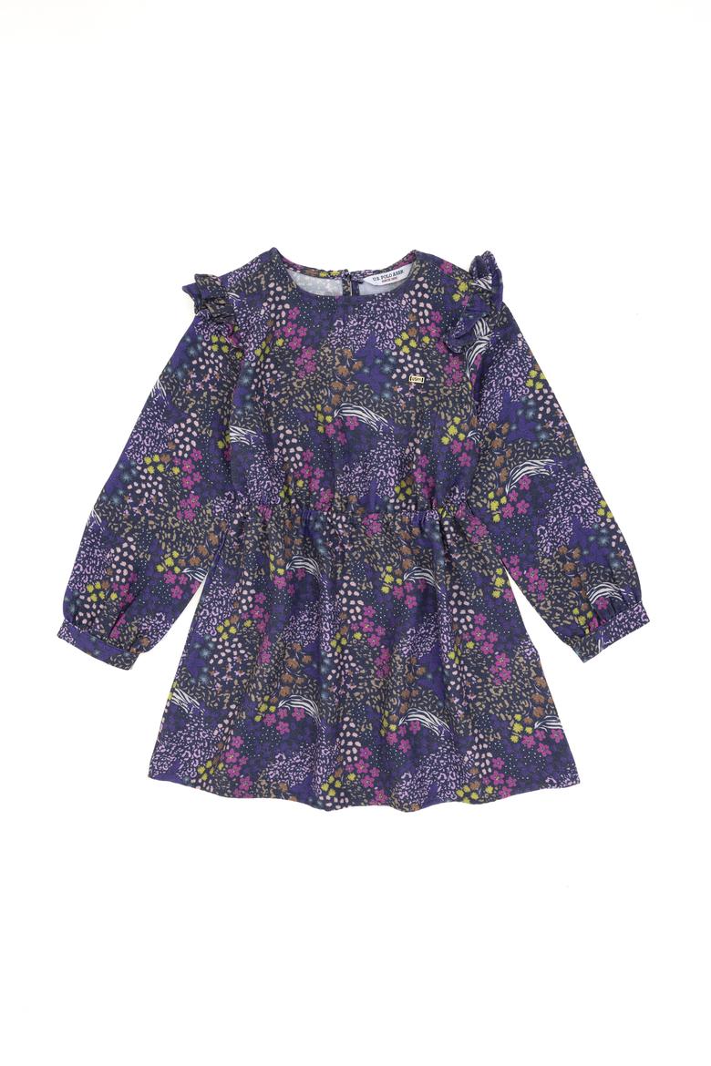 Kız Çocuk Lacivert Çiçek Desenli Fırfırlı Dokuma Elbise - 50297429010