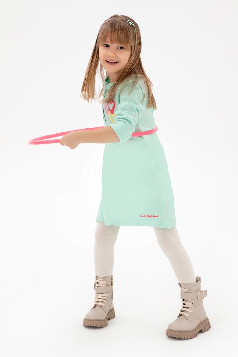 Kız Çocuk Su Yeşili Bisiklet Yaka Triko Elbise