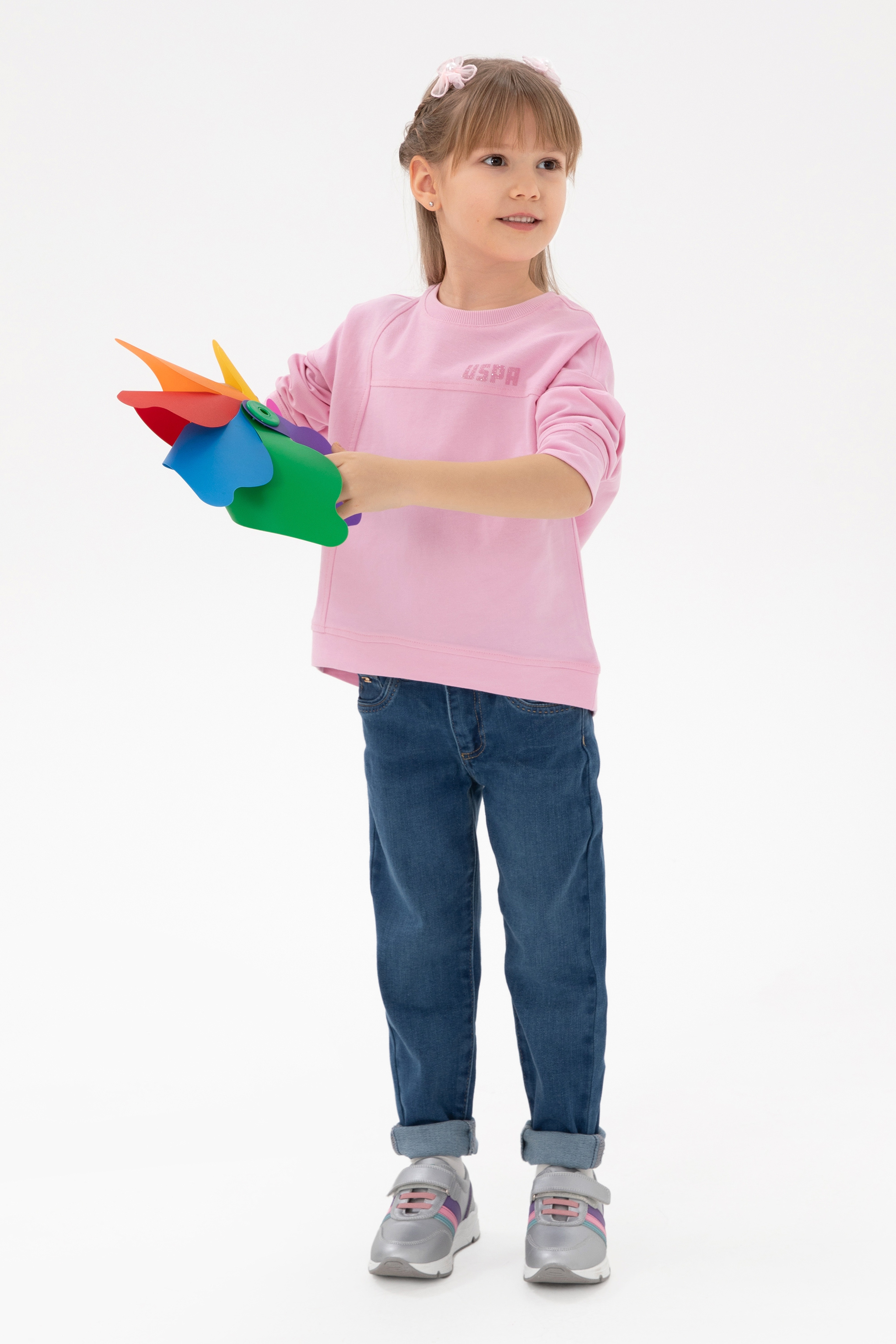 Kız Çocuk Pembe Bisiklet Yaka Sweatshirt - Image 2