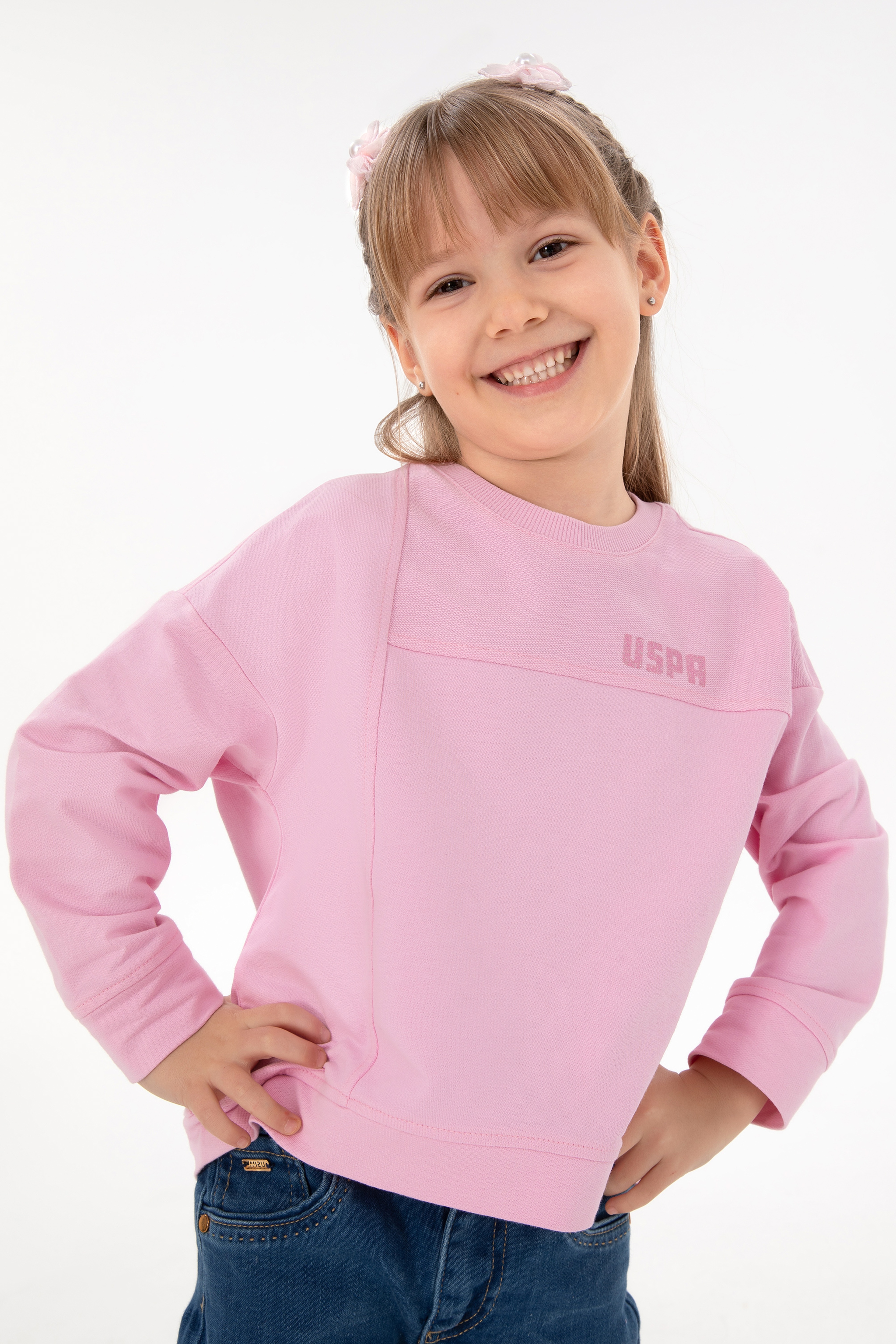 Kız Çocuk Pembe Bisiklet Yaka Sweatshirt - Image 1