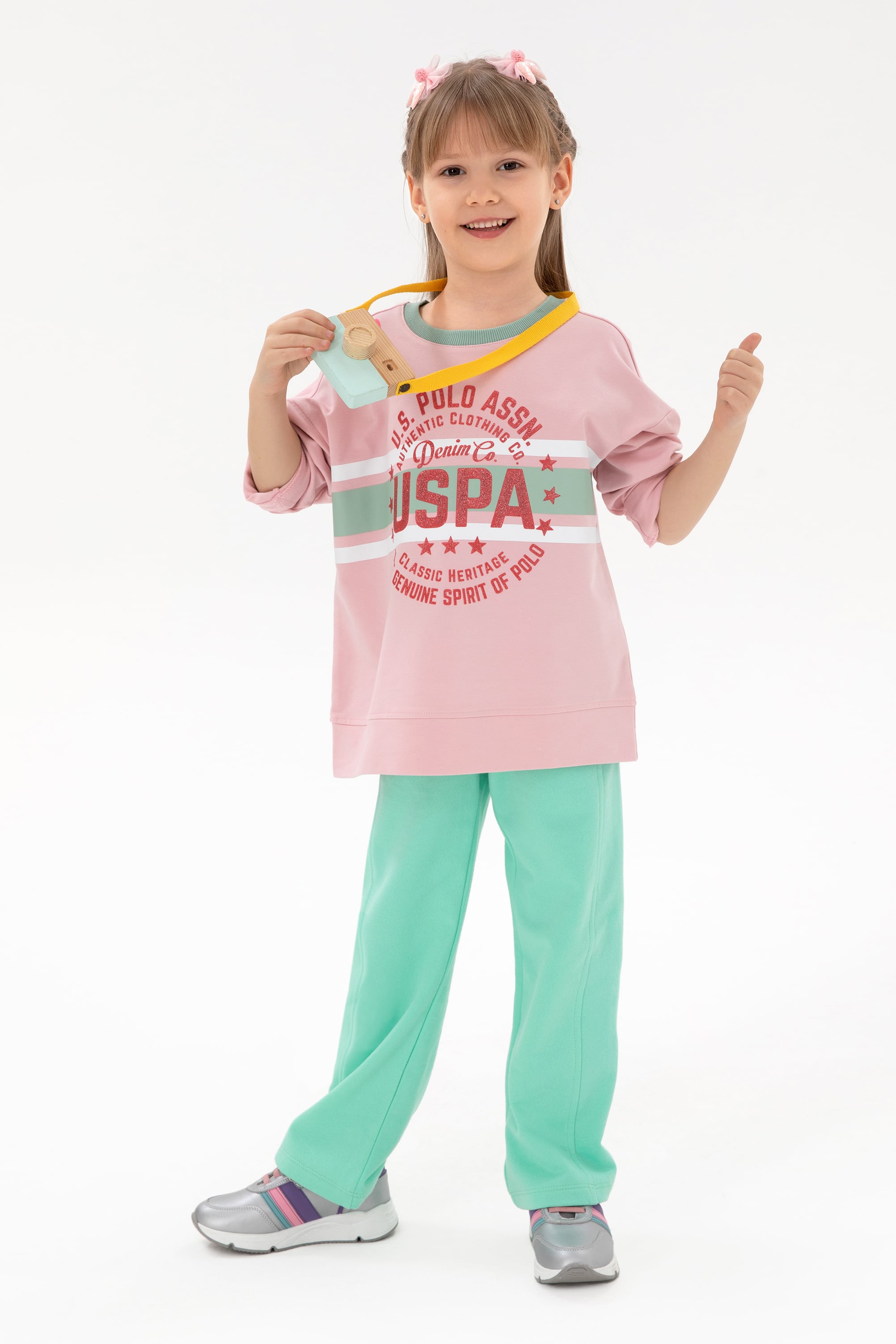 Kız Çocuk Pembe Bisiklet Yaka Sweatshirt - Image 1