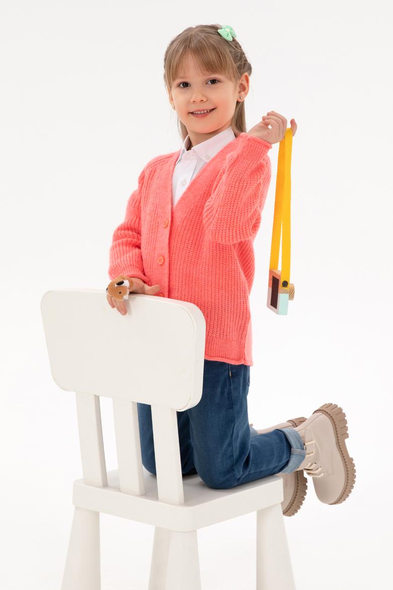 Kız Çocuk Nar Çiçeği V Yaka Triko Hırka - 50297178011