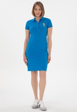 Kadın Saks Polo Yaka Mini Boy Örme Elbise - 50280069056