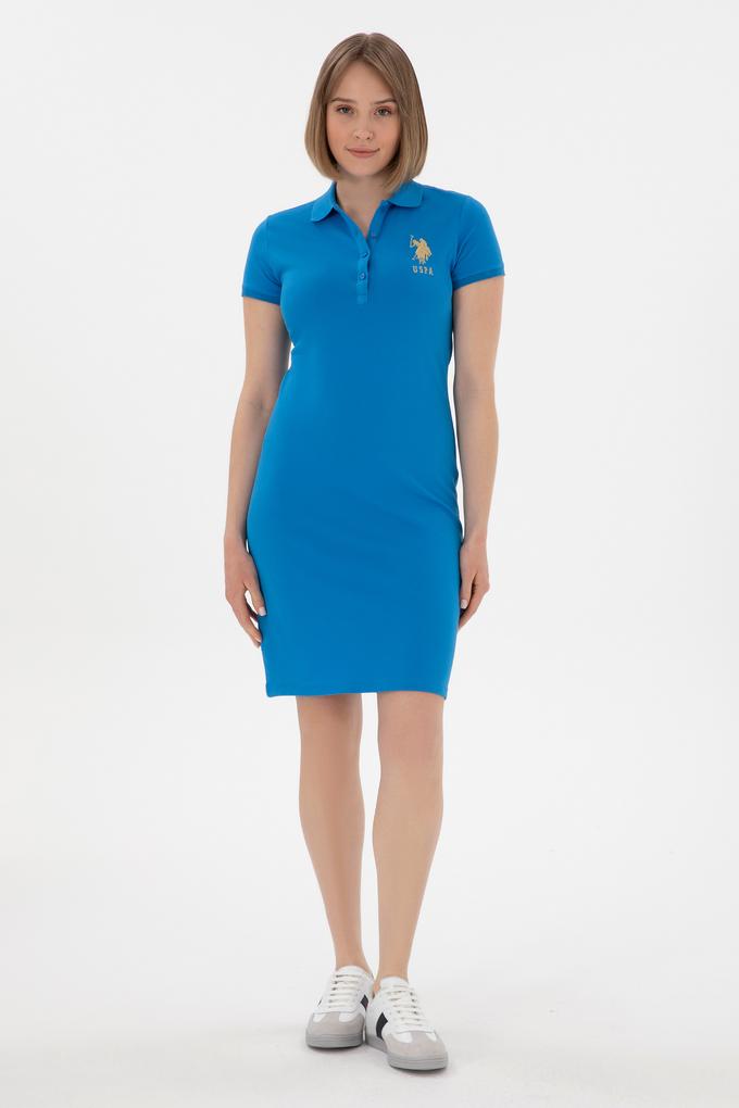 Kadın Saks Polo Yaka Mini Boy Örme Elbise