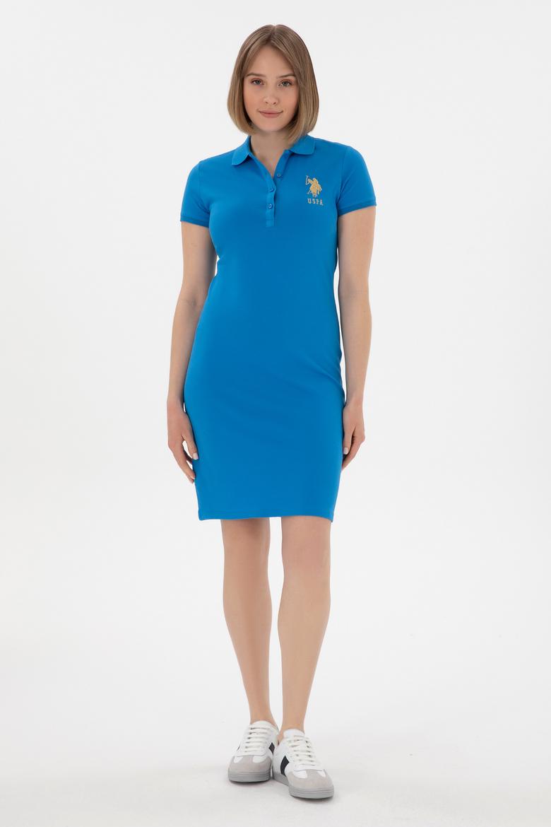 Kadın Saks Polo Yaka Mini Boy Örme Elbise