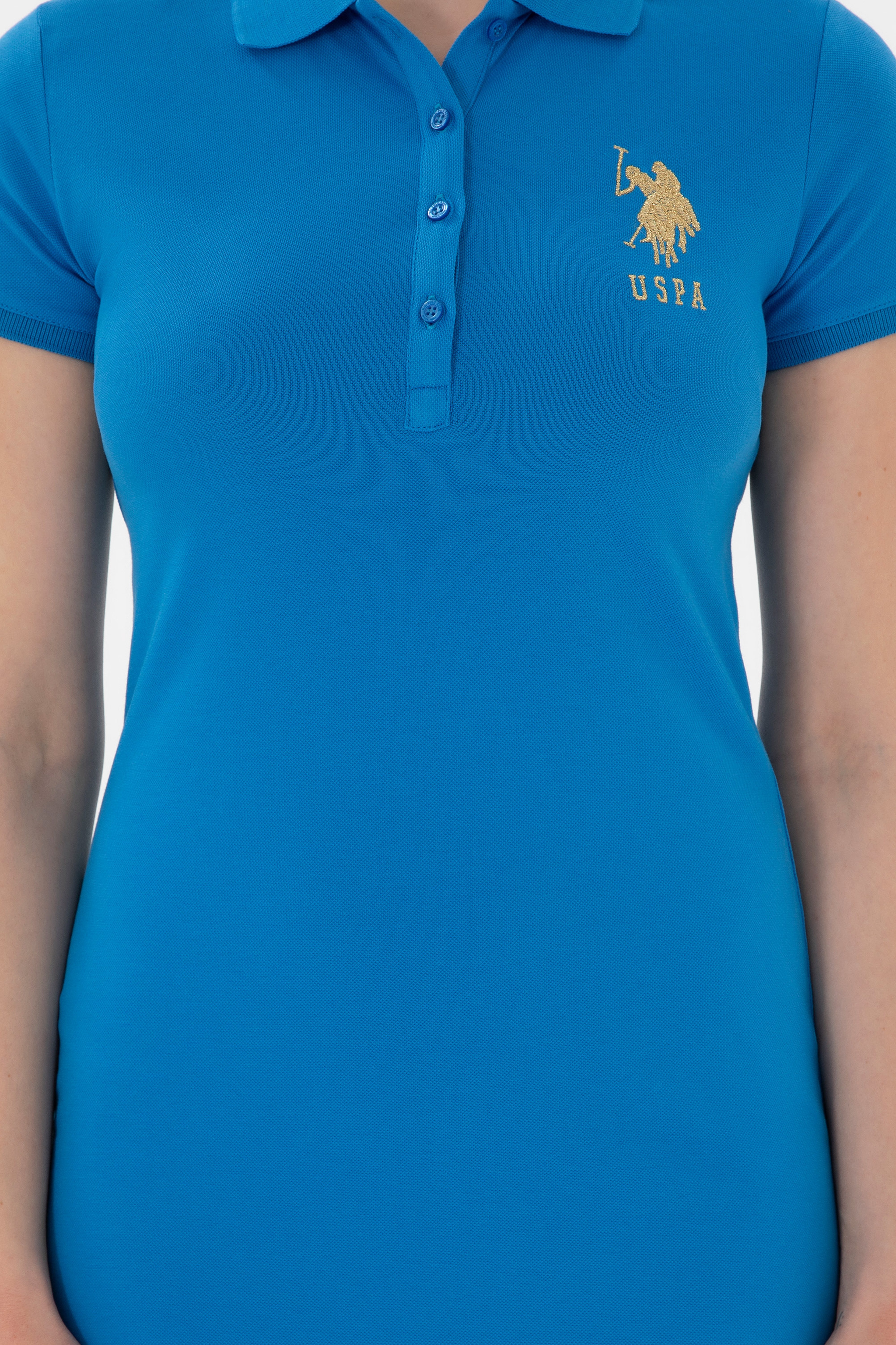 Kadın Saks Polo Yaka Mini Boy Örme Elbise - Image 5